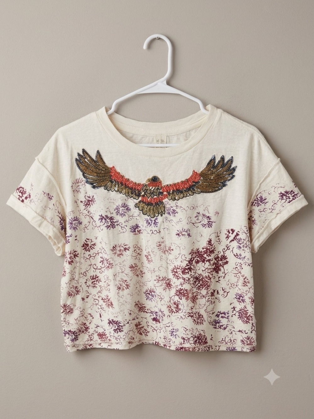 We The Free crop Cream Tee with sequined eagle size large - Picture 3 of 14